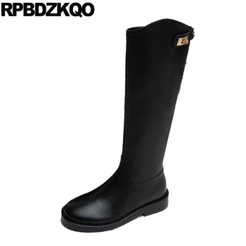 

real leather equestrian high quality tall shoes chunky knee brand women winter boots genuine black autumn long riding round toe