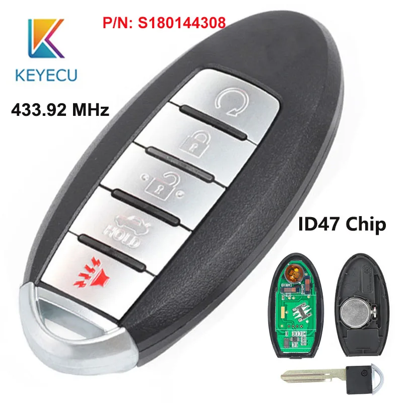 

KEYECU 433.92MHz ID47 Chip S180144308 Replacement Smart Remote Car Key Fob 5 Button for Nissan Murano 2015-2017 Pathfinder 2014