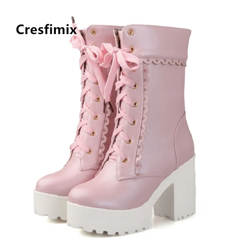 Women Classic High Quality Black Round Toe Platform Autumn Lace Up Boots Female Cool Pink Winter Boots Botas Femininas G6094 - Цвет: a