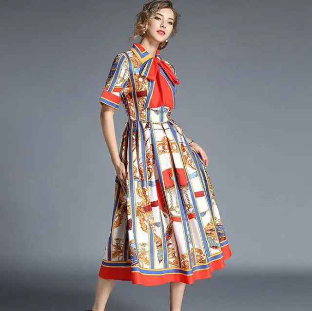 Красный WDJUGZ High Quality New Autumn Newest Runway Designer Dress Women's Short Sleeve Shirt Collar Floral Printed Bow Midi Dress - Цвет: Красный