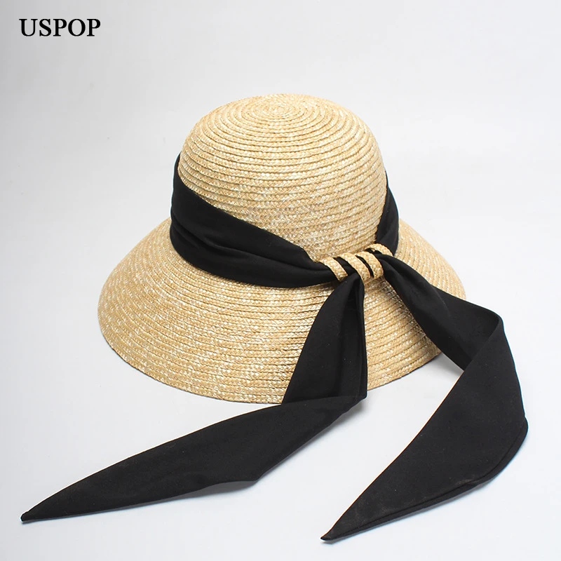 USPOP 2020 Women summer hats long ribbon bow beach hats wide brim natural straw sun hats