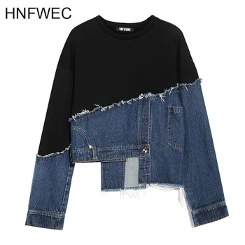 

Europe 2020 Spring New Hoody Asymmetric Denim Stitching Sweatshirts Women Wild Casual Fashion Pluz Size Sweatshirts Y617