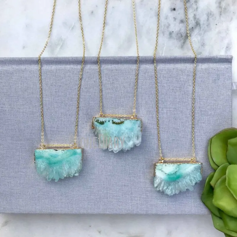 

NM36624 Natural Aqua Druzy Crystal Cluster Free Form Slice Pendant Gold Plated Chain Necklace Minimal Minimalist Jewelry