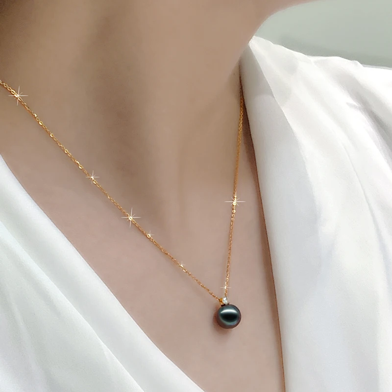 NYMPH 18k Gold Necklace Pendant Natural Black Tahitian Pearl for women [DZ1012]