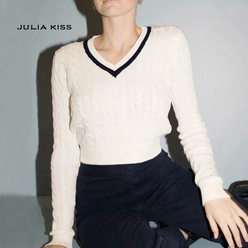 

Women Knit Cotton Striped V Neck Sweater In Creme Cable Knit Pullover Crop Top