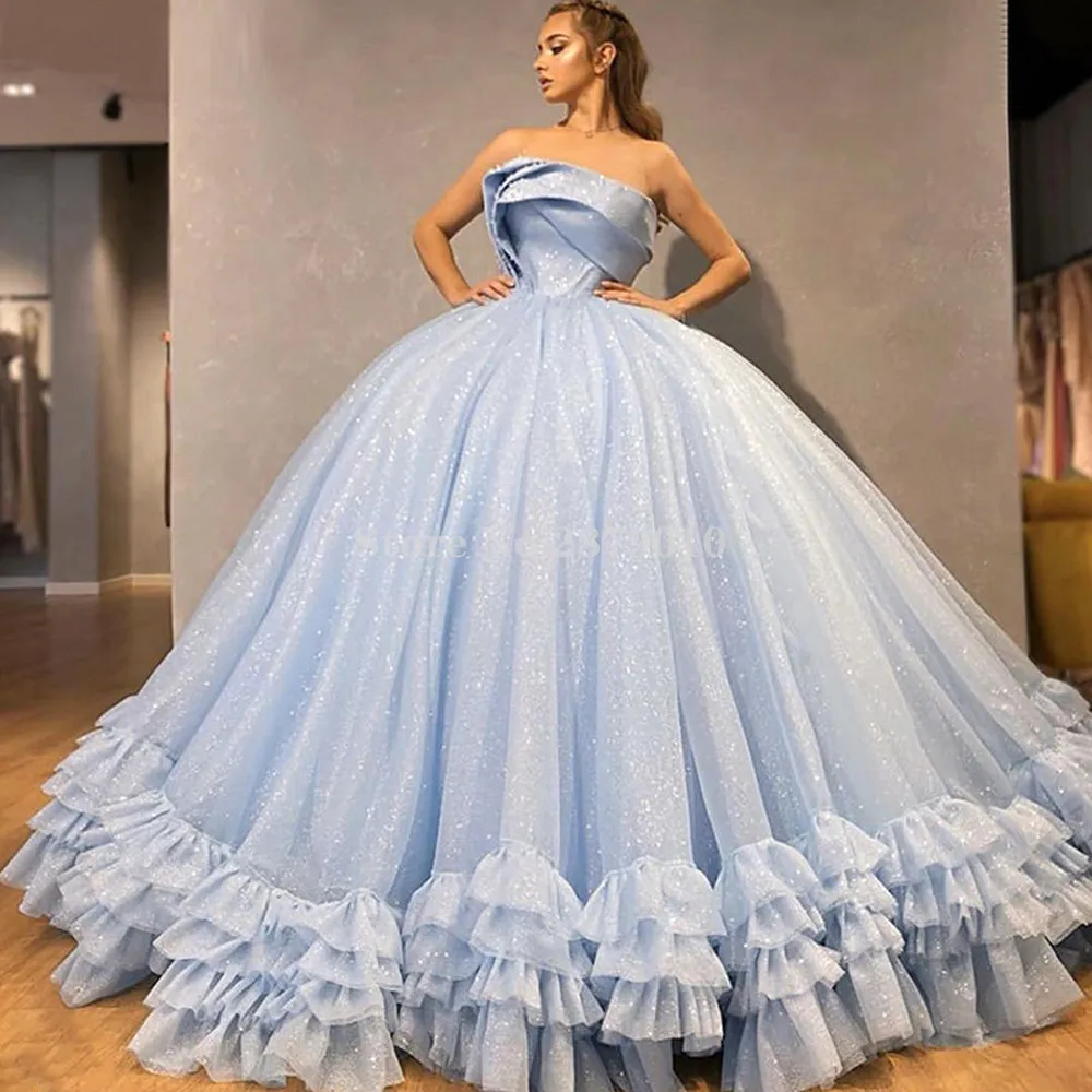 Baby Blue Strapless Ball Gown Evening 