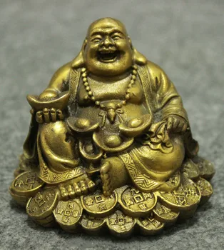 

Chinese Brass Wealth YuanBao Moneybag Happy Laughing Maitreya Buddha Statue