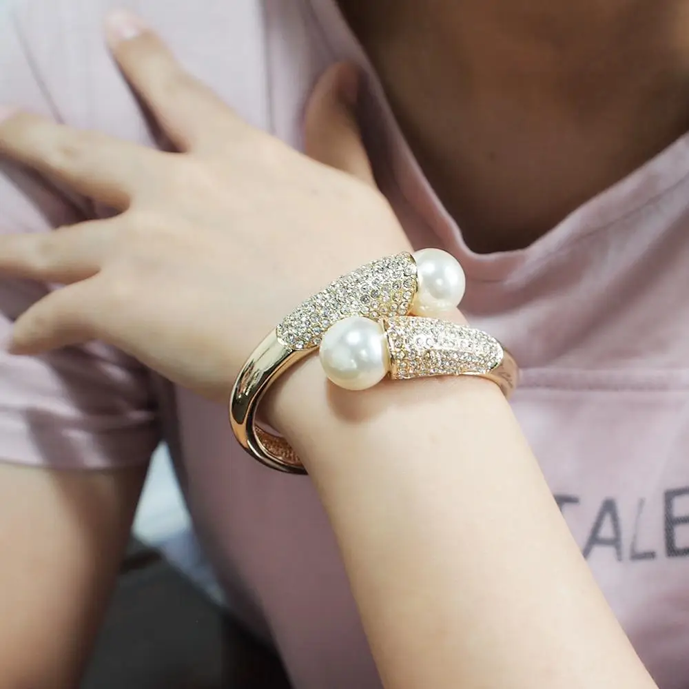 GoldColorAlloyCuffBraceletsCharmImitationPearlsBracelets