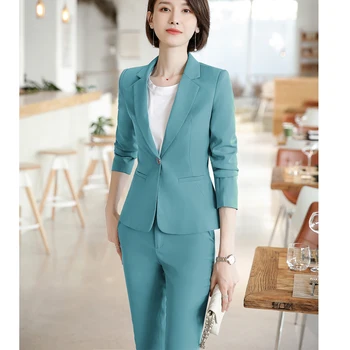 

Casual Women Pant Suits Pale Green Pink Blazer Set Uniform Designs Jackets and Ankle-Length Pant 2 Pieces Set