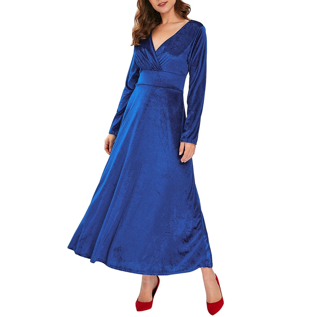 Autumn Women Dress Casual Full Sleeve V-Neck Ruched Dresses Thin Floral Solid Color Long Kaftan Dress Spring Ladies Girls 806
