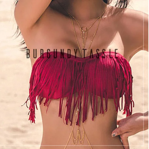 

New Style Bikini Tassels Printed Bikini Large Bust Small Bust Gathering Sexy Tube Top Camisole Two-piece Swimsuits