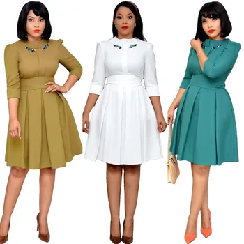 

2020 Spring Plus Size 3XL Dress Women Elegant Embroidery Three Quarter Sleeve Sashes Zipper O Neck Pleated Knee Length Lady Robe