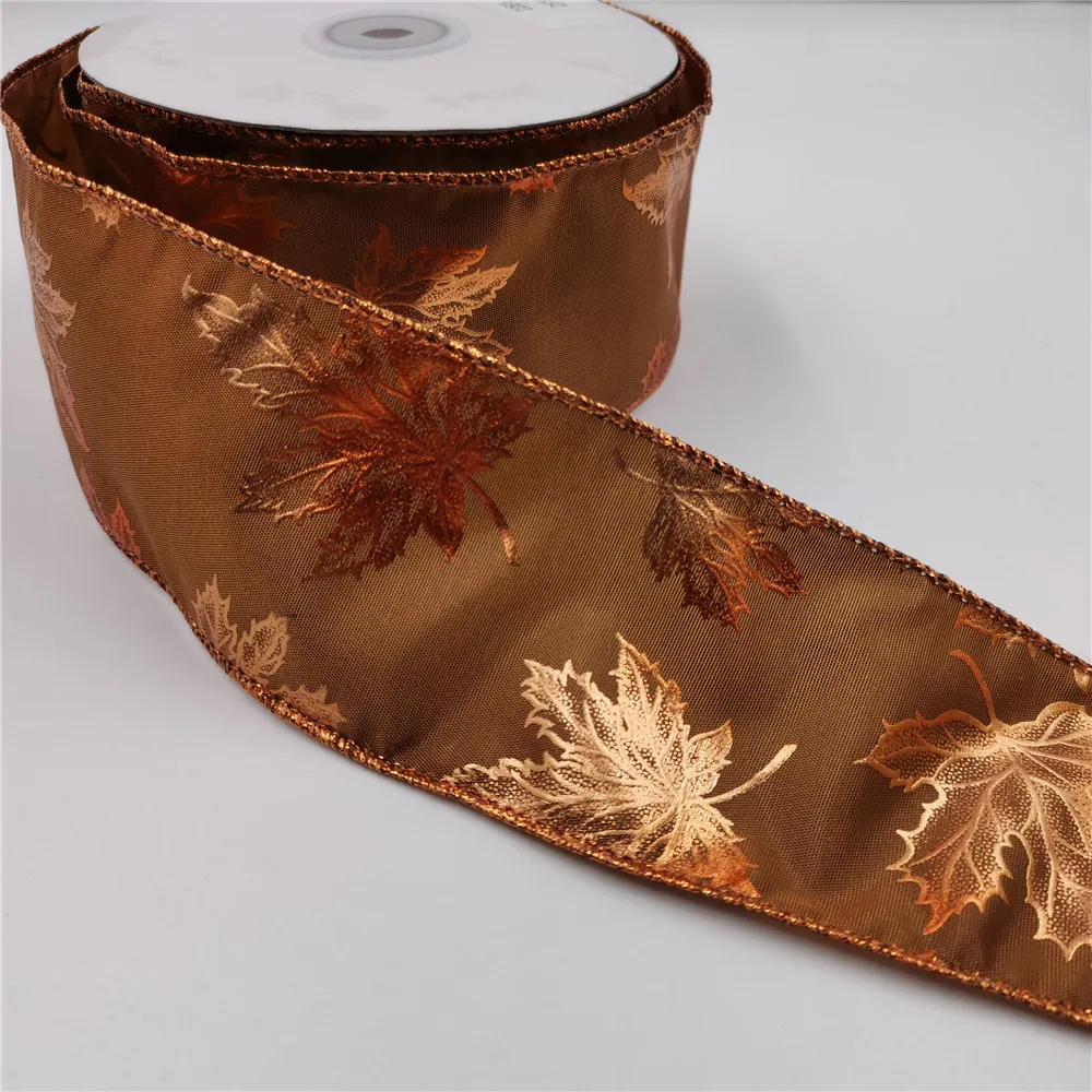 

25YARDS 63MM Wired Edge Decorative Satin Ribbon With Fall Leaves for Birthday Decoration Chirstmas Gift DIY Wrapping