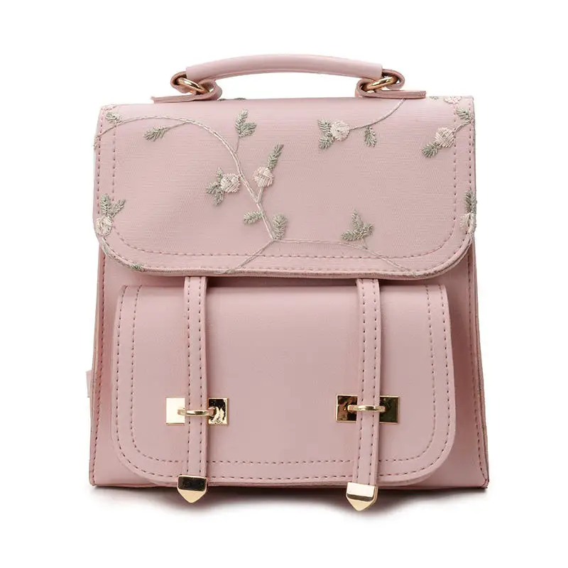 Fashion School Backpack Teenage Girls High Quality Leather Women Shoulder Bag Backpack Floral Embroidery Design Rucksack mochila - Цвет: pink