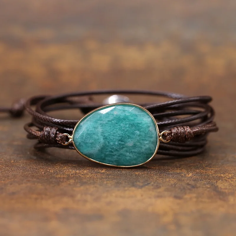 

DIEZI Drop Shipping Bohemian Handmade Ocean Stone Rope Wrap Bracelet 2019 New Natural Stone Beads Leather Bracelet Women Men