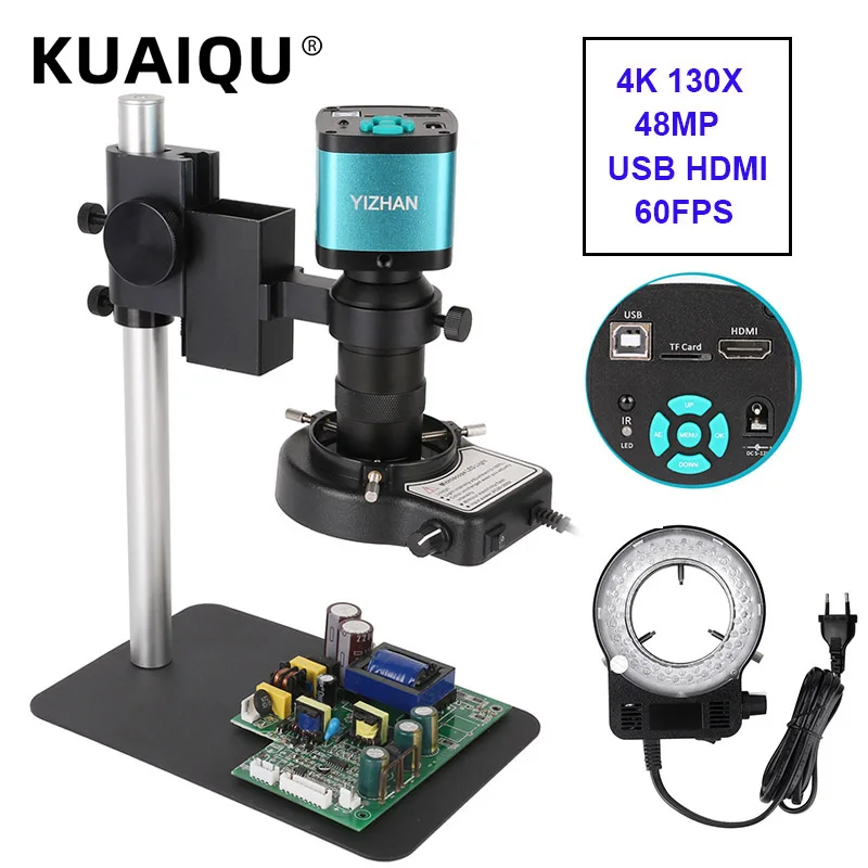 4K 48MP HDMI USB 60FPS Monocular Video Microscope Sets 38MP/16MP/13MP/8MP Digital Camera Lens 130X LED Light Repair Phone Solde digital microscope optical instruments handheld microscope mini microscope pocket microscope
