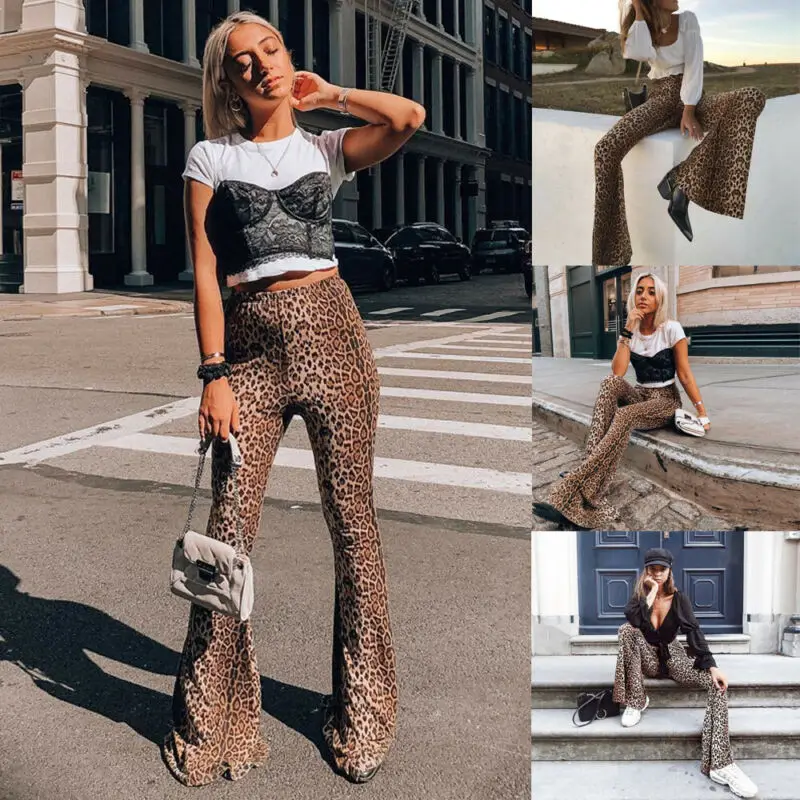 

Womens Wide Leg Long Pants Flared Bell Bottom Pants Ladies arrival Leopard Wide Leg Trouser Womens Wide Leg Long Pants Flared