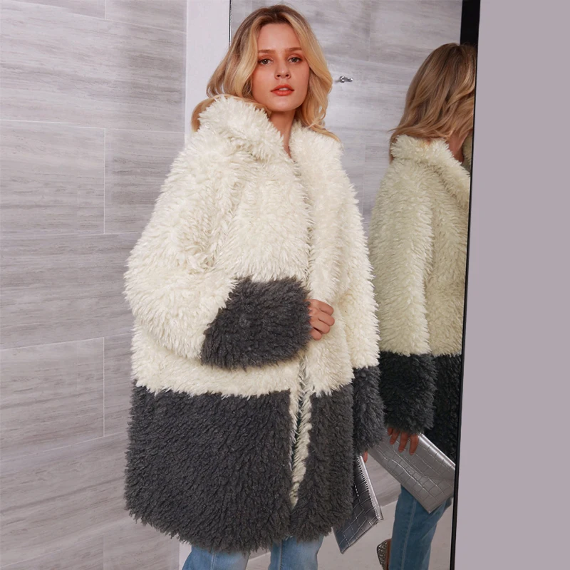 

Patchwork Womens Faux Fur Coat Winter Thicken Warm Long Sleeve Slim Fur Coat Outerwear Elegant Trench Overcoats Fluffy Jacket