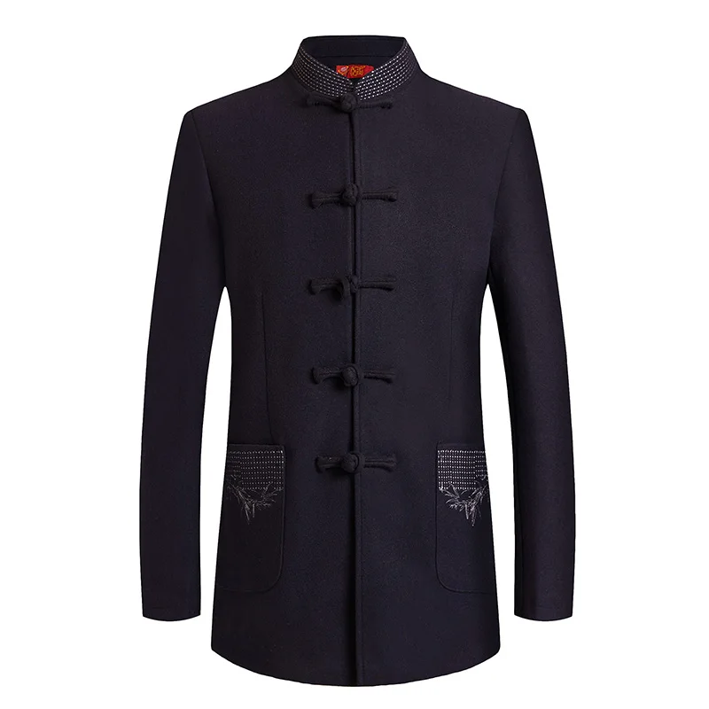 

Chinese Style Wool Tweed Coat Men Gray Navy Blue Woolen Blend Jacket Men Pocket Inwrought Mandarin Collar Tangzhuang Tunic Coats