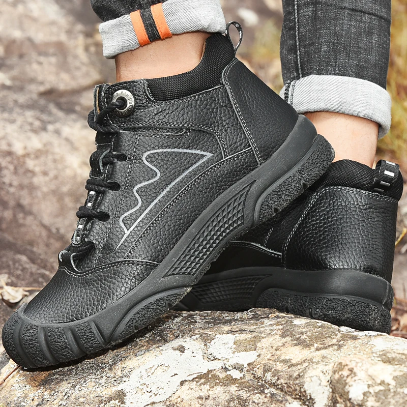 Winter Men's Boots outdoor genuine Leather Warm Leisure Shoes British Round Toe Short Plush Ankle Boots Fur snow boots men o4