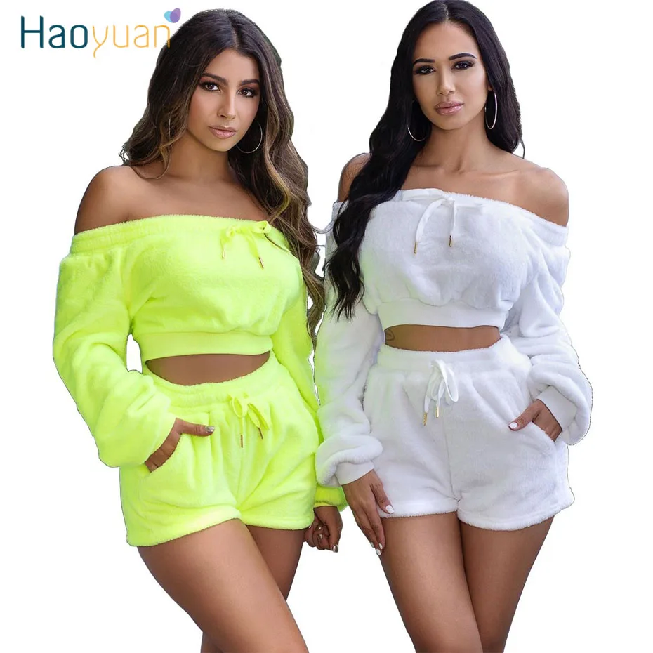 

HAOYUAN Neon Two Piece Set Women Velvet Tracksuits Festival Clothing Crop Top+Shorts Sexy Club Outfits Fall Velour Matching Sets