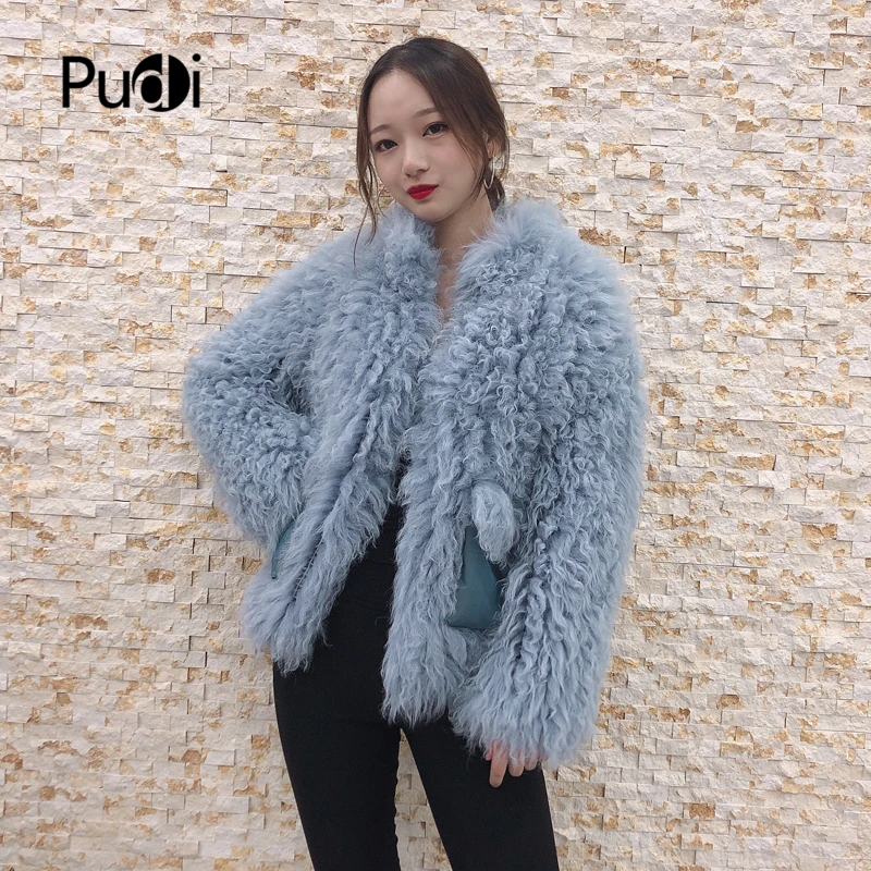 Pudi Женское зимнее классическое вязаное пальто с натуральным овечьим мехом