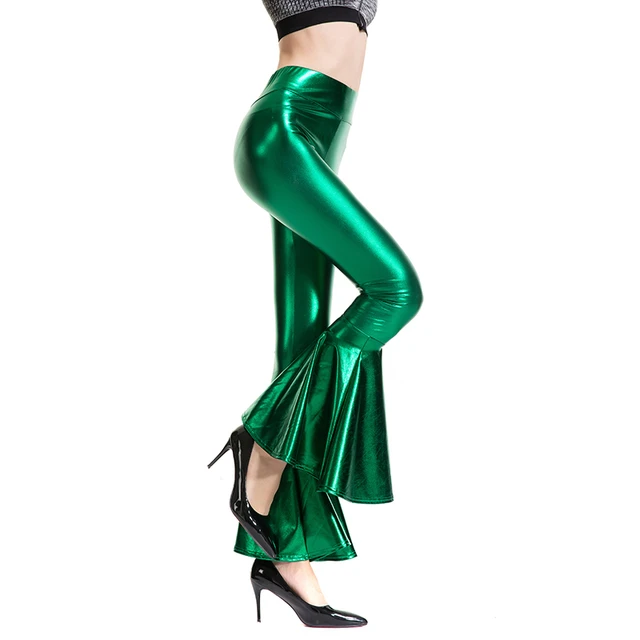 Women's Shiny Metallic Flare Pants High Waisted Bell Bottom Disco