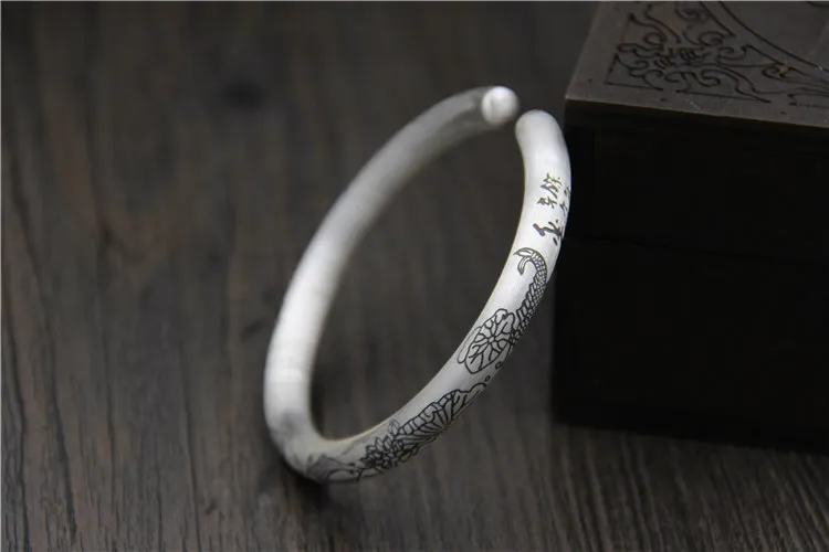 925 Sterling Silver Drawn Lotus Leaf Bracelet Lady Taiyin Trendy Carp Lotus Open Foot Silver Bracelet Weights 25 G