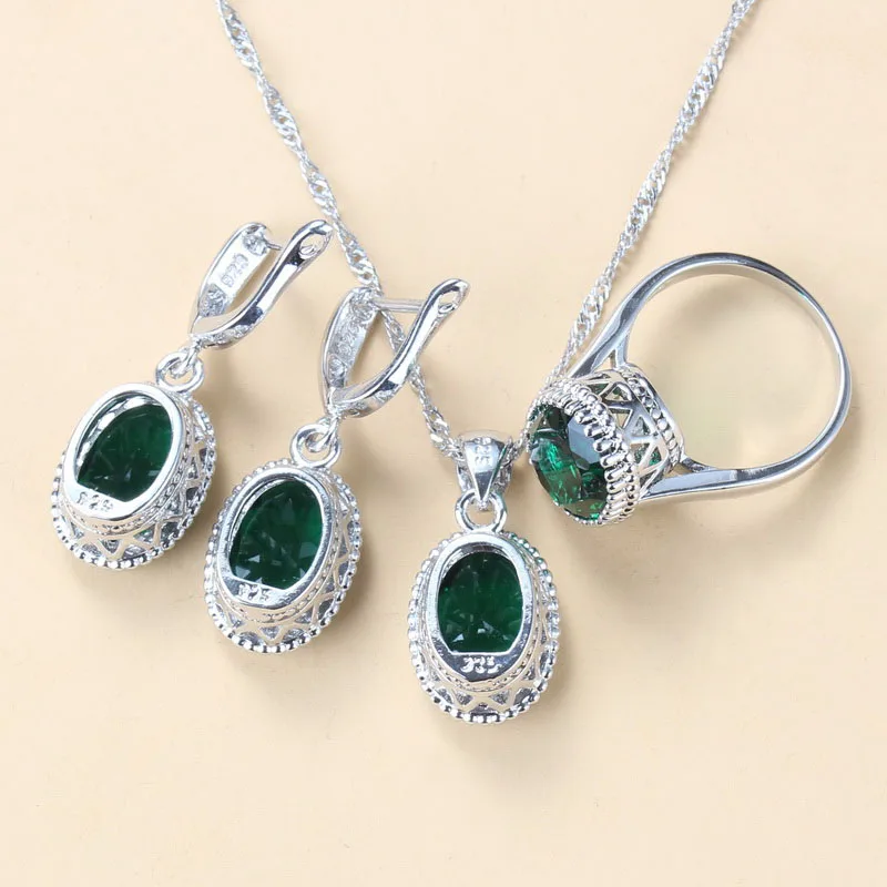 8-Colors 925 Silver Women Bridal Jewelry Sets Green Stone Zircon Earrings/Necklace And Ring bridal jewelry sets