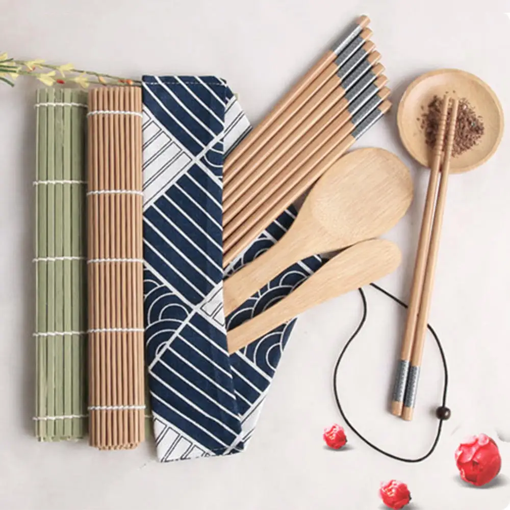 11pcs/set Sushi Roller Bamboo Mat Spoon Chopsticks Maker Food Rolling Tool Sushi Tools Multi-Piece Sets