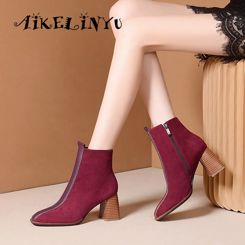 

AIKELINYU 2020 High Heels Boot Women Round Head Ankle Boots Fashion Office Sheep Suede Female Shoes Short Plush Winter Footwear