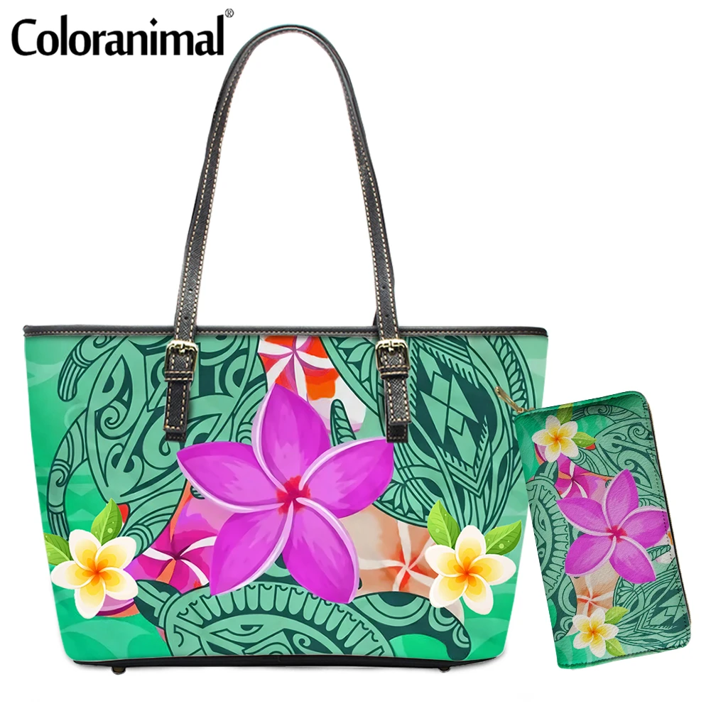 Coloranimal Pretty Hawaii Plumeria Deep Sea Circle Turtle Prints Girls Handbag 2Pcs Shoulder Bag Set With Wallet Leather Totes wallets for women Totes