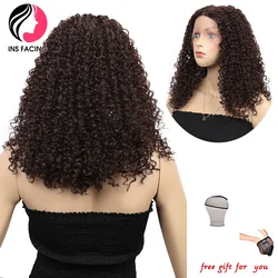 INS FACING Kinky Curly Lace Wig for Afro Women Natural Brown Synthetic Lace Wigs Cosplay Party 16'' Curly Pre Plucked Hair