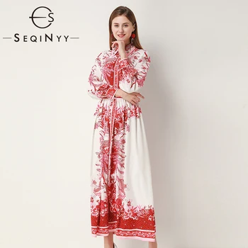 

SEQINYY Bohemia Dress 2020 Spring Autumn New Fashion Design Red Flowers Printed White A-line Elegant Long Dress