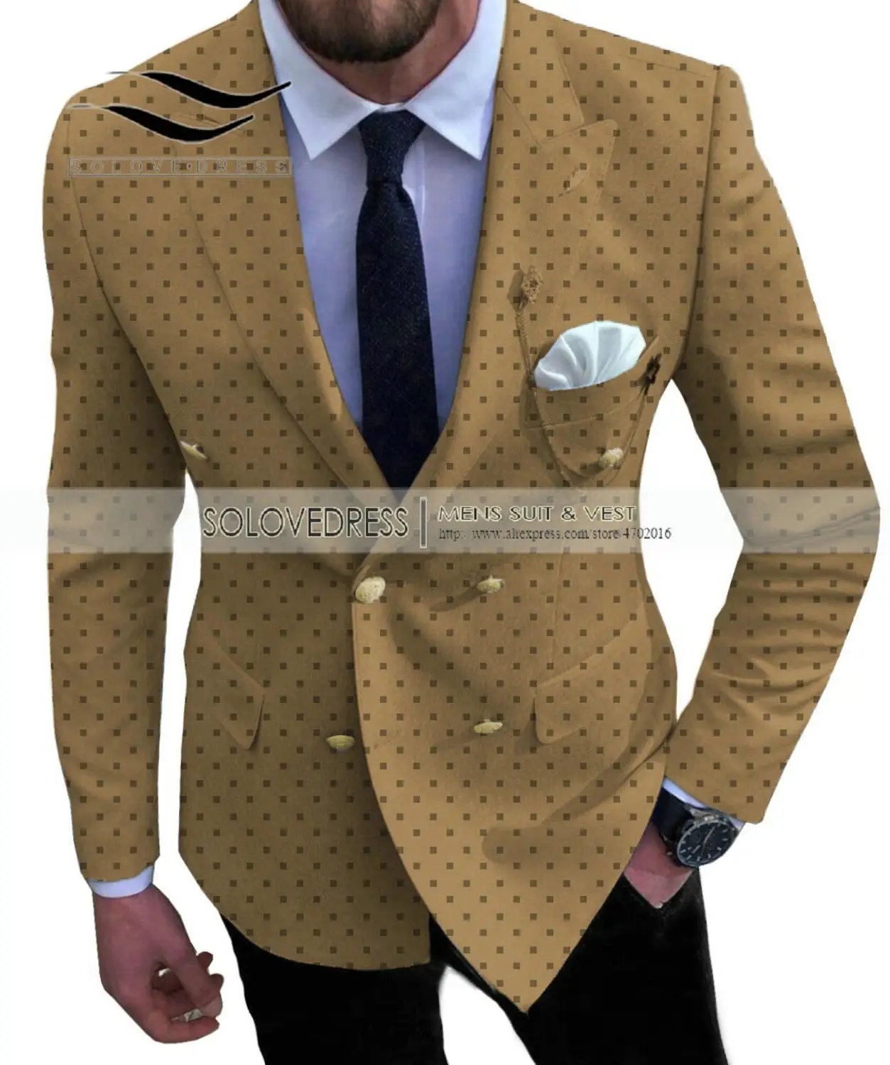 Men's Dot Suits Slim Fit Prom Notch Lapel Tuxedos 2 Piece Double Breasted Patterned Jacket for Wedding Groomsmen (Blazer+Pants)