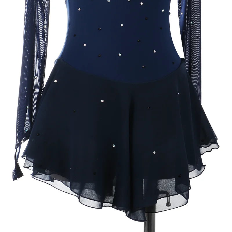 Navy Blue Red Figure Skating Dress For Women And Girls Long Sleeve Ice Figure Skating Clothes With Rhinestones ice skating costume