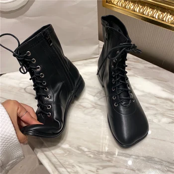 

New Luxury Women 2020 Lace Up Low Heels Martin Boots Square Toe Soft Leather Flat Boots Chelsea Boots Oxford Shoes Botas Mujer