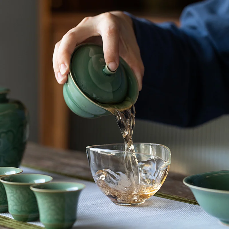 125ml Yue Kiln Celadon Tea Tureen Handmade Gourd Shape Ceramic China Tea Maker Gaiwan Japanese Bowl With Lid Kung Fu Teaware