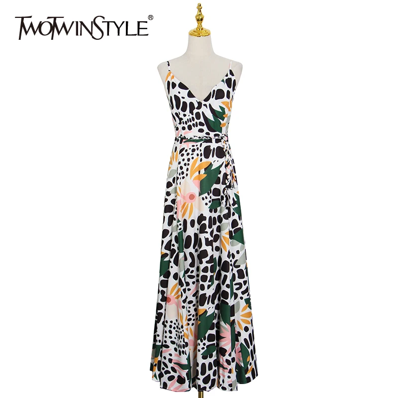 

TWOTWINSTYLE Bohemian Print Hit Color Dress Female V Neck Sleeveless High Waist Summer Sexy Dresses For Women Fashion New 2021