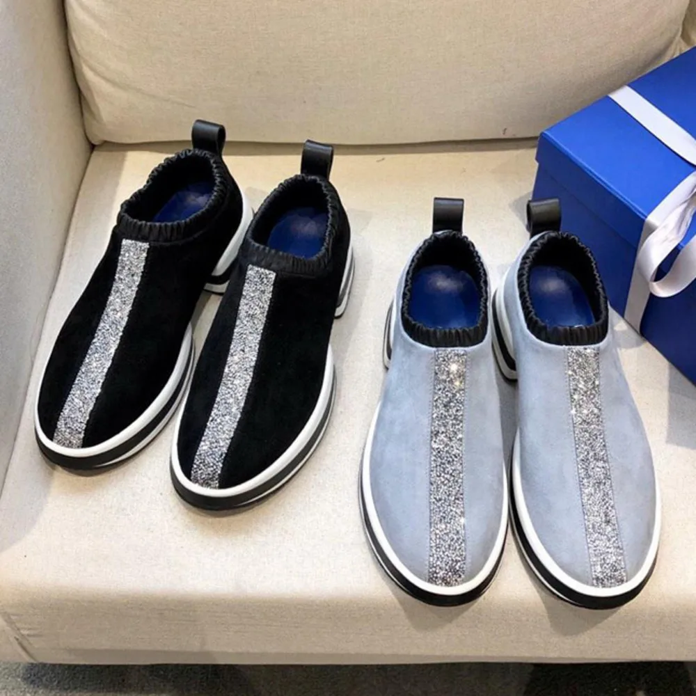 

BELLECOM A new style of suede leather round head elastic elastic fashion leisure sports running ladies flat shoes