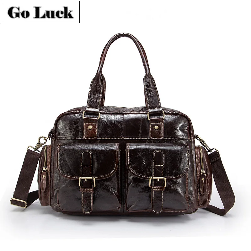 

GO-LUCK Brand Genuine Leather Travel Duffle Top-handle Handbag Men Crossbody Shoulder Bag Men's Cowhide Messenger Bags