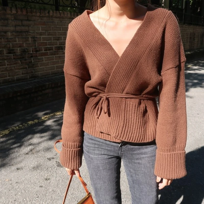Модный ремень свитер женский v-образный вырез длинный рукав кардиганы свободная повседневная женская одежда трикотаж однотонный винтажный свитер осень зима
