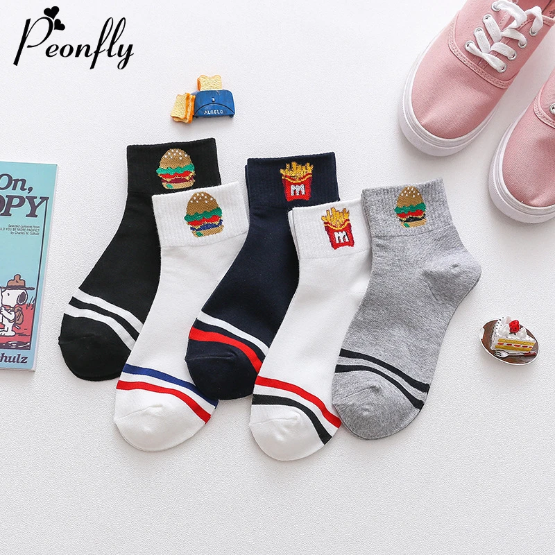 PEONFLY 5 пар/лот новые японские Харадзюку мультфильм еда бургер кавайные носки Женская хлопковая Милая одежда забавные носки для женщин