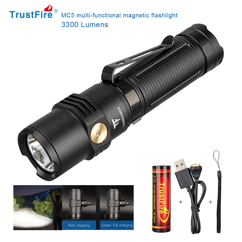 Torcia TrustFire MC5 3300 Lumen – EDC Ricaricabile Magnetica IP68 – Con Batteria
