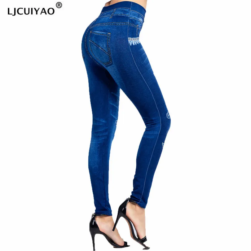 LJCUIYAO 원활한 높은 허리 청바지 레깅스를 밀어 여자 가을 탄성 Jeggings 데님 바지 나비 인쇄 패턴 하단
