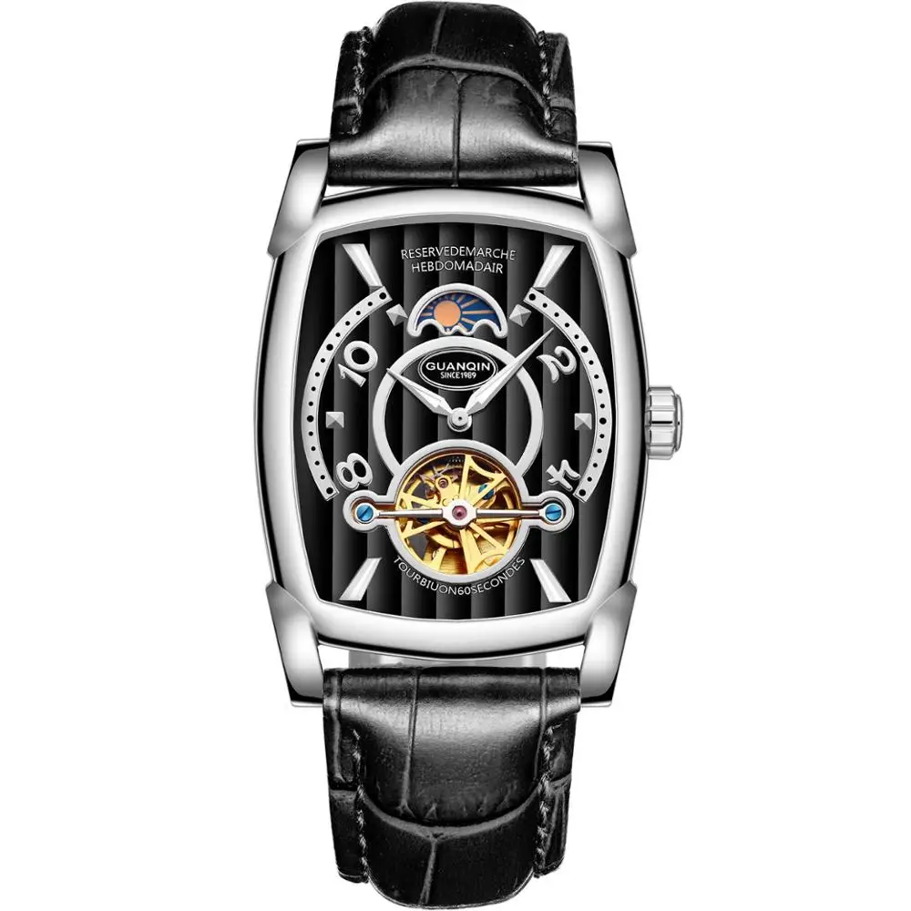 GUANQIN Tourbillon часы Автоматические Брендовые мужские механические роскошные часы Скелет прямоугольник кожа золото мужские часы - Цвет: B