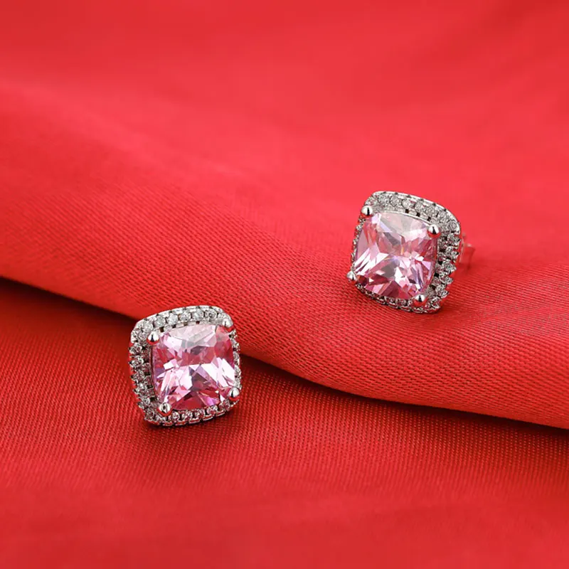 925 Sterling Silver cushion cut zircon Jewelry set Engagement ring stud earring for women gift size 11,12,13 J1099-pink - Image 4