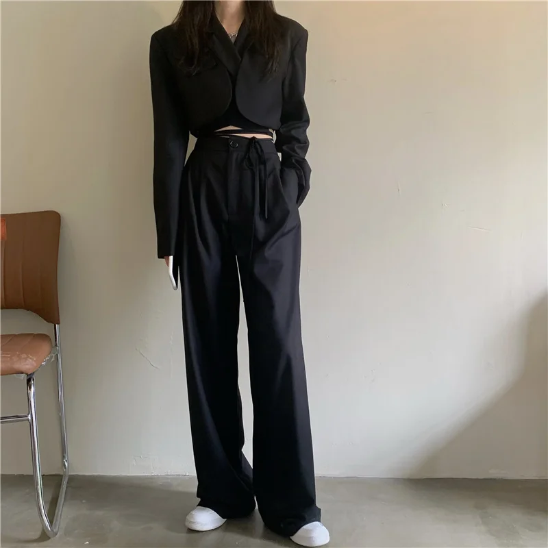 

Women Korean Suit Two Piece Sets Short Tops Lace-up Blazer Coats High Waist Wide Leg Pants Streetwear Outfits