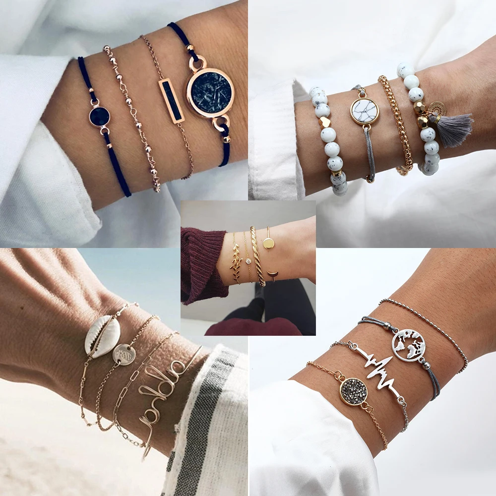 

30 Style Boho Bangle Elephant Heart Shell Star Moon Bow Map Crystal Bead Bracelet Women Charm Party Wedding Jewelry Accessories