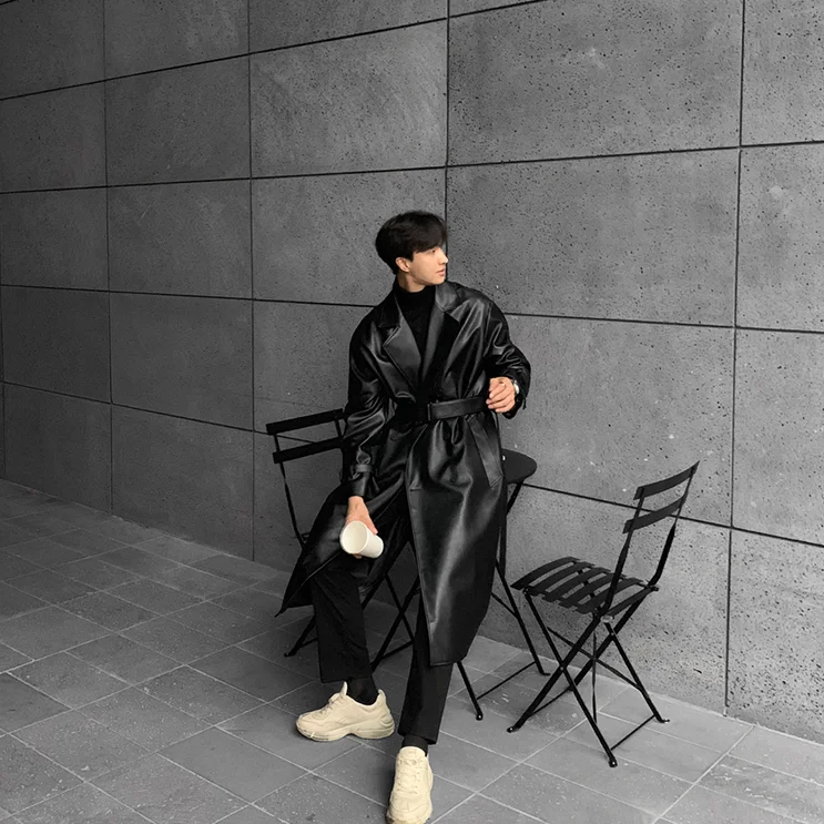 S-XL! Ретро мода Мужская дикая кожа Красивый Ветровка куртка Панк Личность длинный двубортный черный кожаный пиджак мужской